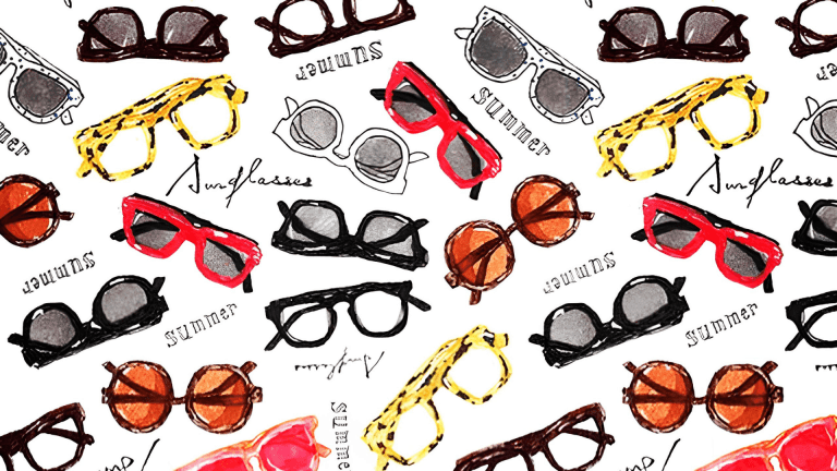 Imagem mostra uma variedade de óculos em arte livre, contendo óculos de sol e de grau em diversos formatos e cores