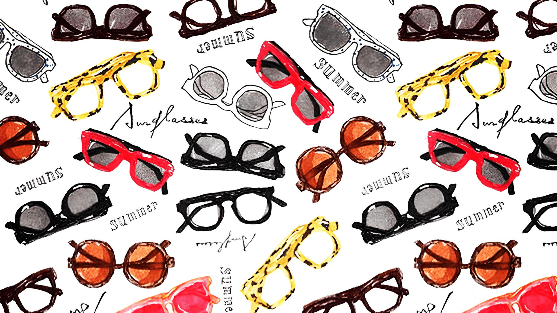 Imagem mostra uma variedade de óculos em arte livre, contendo óculos de sol e de grau em diversos formatos e cores